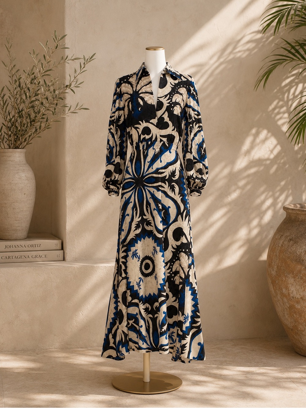 Johanna Ortiz Blue, Black and Cream Graphic Maxi Dress xs
